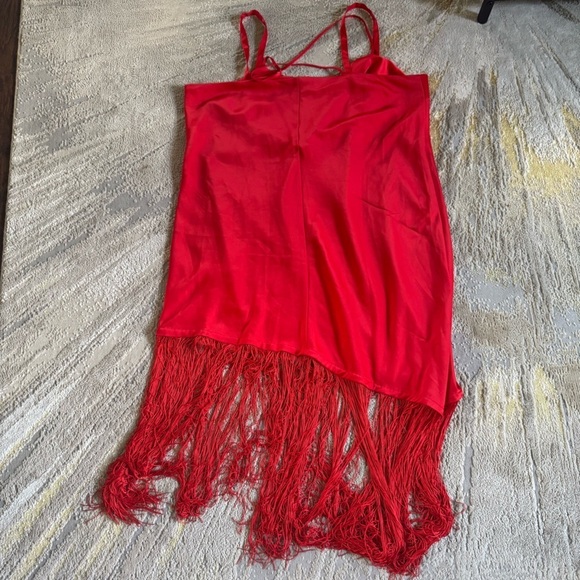 ELOQUII SEXXXY red satin fringe asymmetrical fringe midi slip dress 20 - Picture 8 of 9